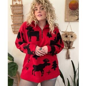 90s Winter Moose Fleece Pullover XL